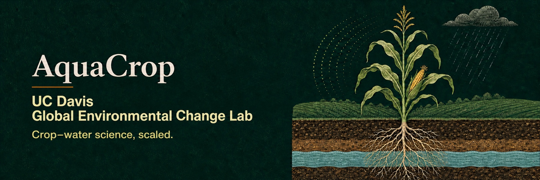 AquaCrop from the UC Davis Global Environmental Change Lab, illustrated with a maize plant, soil profile, roots, rain, and groundwater.