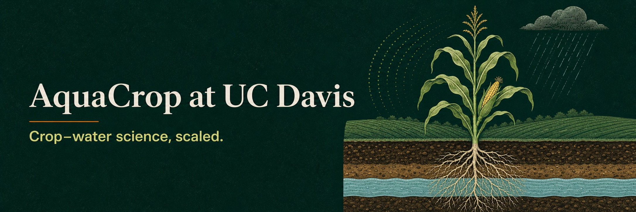 AquaCrop at UC Davis — Crop–water science, scaled, illustrated with a maize plant, soil profile, roots, rain, and groundwater.