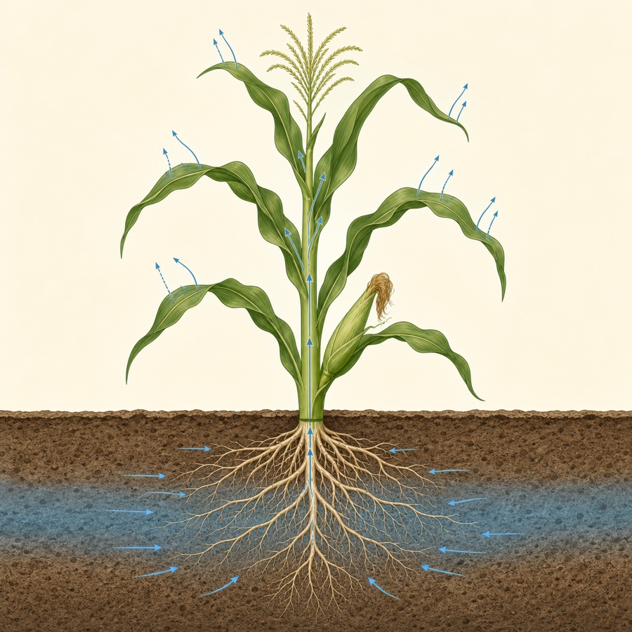 Schematic showing water uptake by maize roots, transport through the plant, and transpiration from leaves