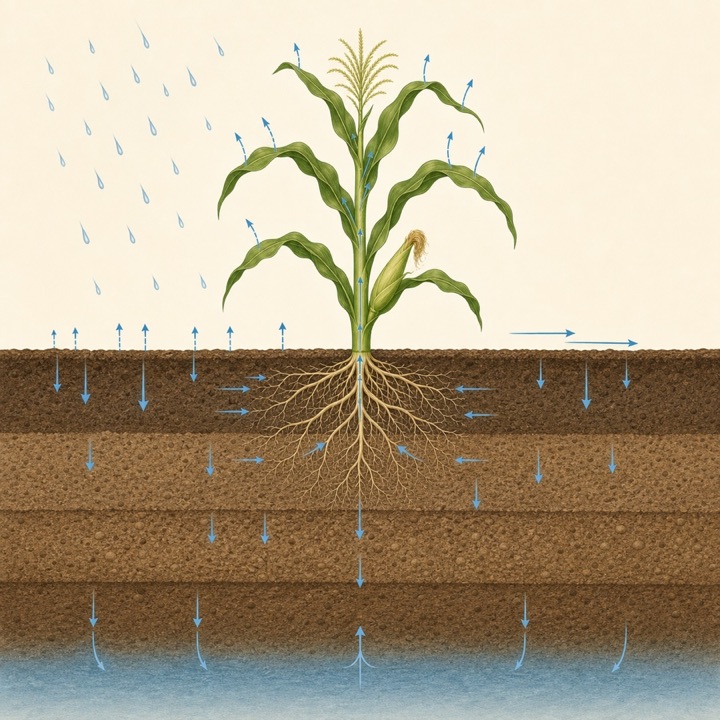 AquaCrop multilayer soil hydrology including rainfall, runoff, infiltration, root uptake, and drainage