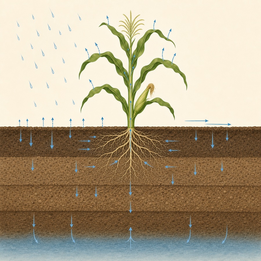 Schematic showing rainfall, runoff, infiltration, evaporation, root uptake, transpiration, drainage, capillary rise, and a multilayer soil profile
